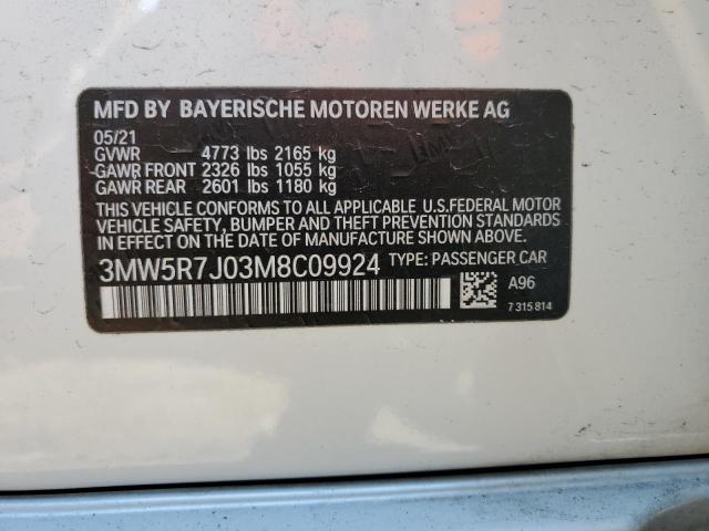 3MW5R7J03M8C09924 - 2021 BMW 330XI WHITE photo 12