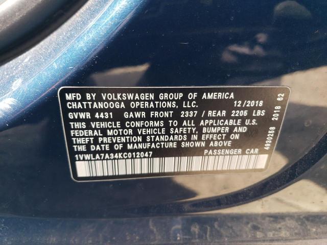 1VWLA7A34KC012047 - 2019 VOLKSWAGEN PASSAT WOLFSBURG 蓝色 照片 12