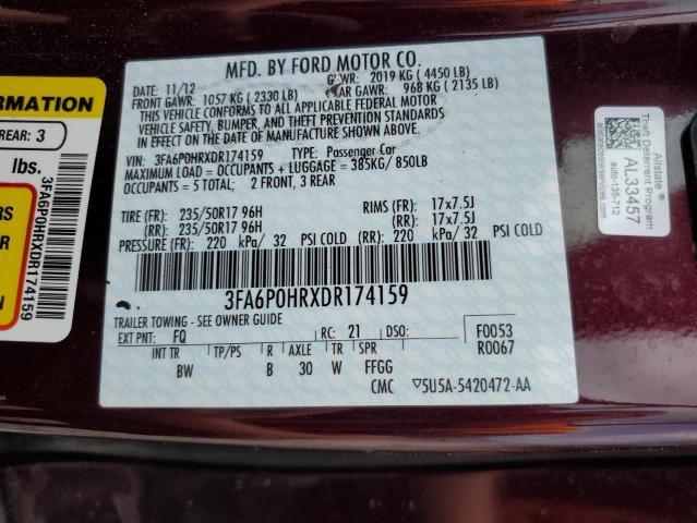 3FA6P0HRXDR174159 - 2013 FORD FUSION SE BURGUNDY photo 13