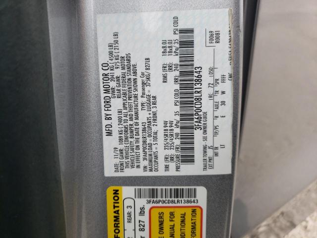 3FA6P0CD8LR138643 - 2020 FORD FUSION SEL SILVER photo 12