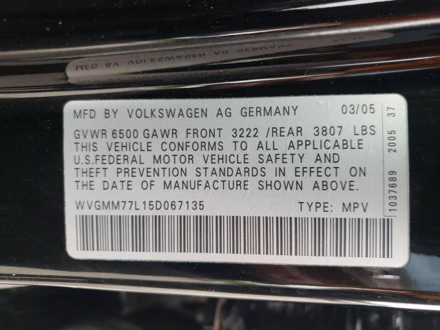 WVGMM77L15D067135 - 2005 VOLKSWAGEN TOUAREG 4.2 BLACK photo 10