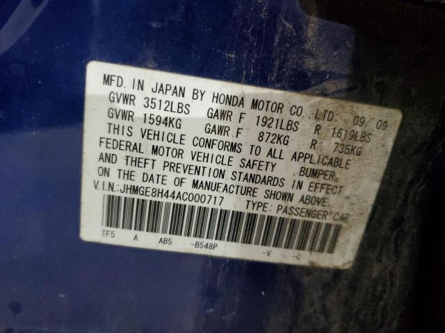 JHMGE8H44AC000717 - 2010 HONDA FIT SPORT BLUE photo 13