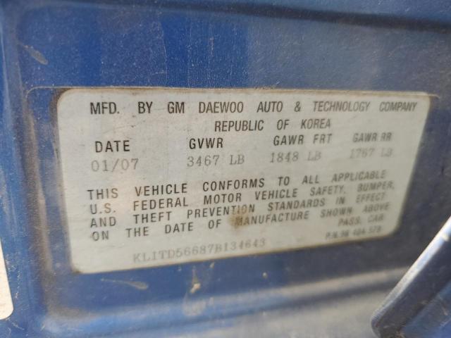 KL1TD56687B134643 - 2007 CHEVROLET AVEO BASE 蓝色 照片 12