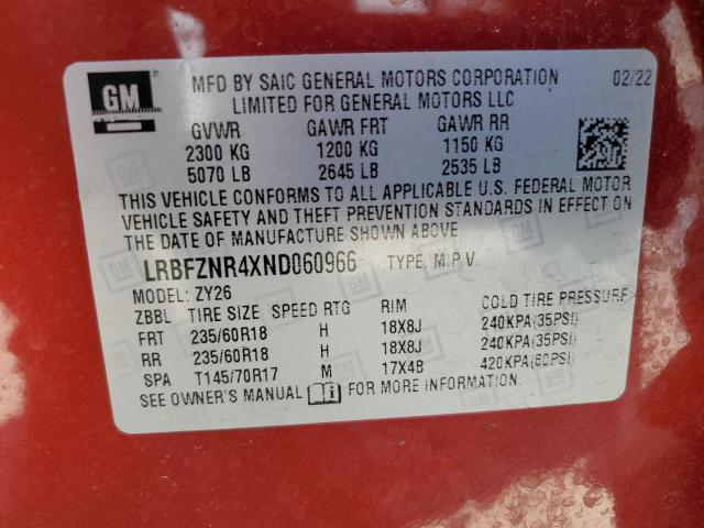 LRBFZNR4XND060966 - 2022 BUICK ENVISION ESSENCE Կարմիր լուսանկար 13