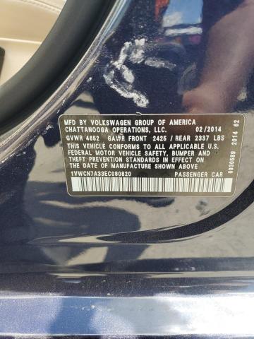1VWCN7A33EC080820 - 2014 VOLKSWAGEN PASSAT SEL BLUE photo 13