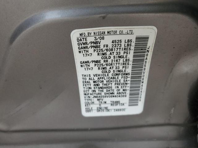 JN8AS58V08W404389 - 2008 NISSAN ROGUE S GRAY photo 12