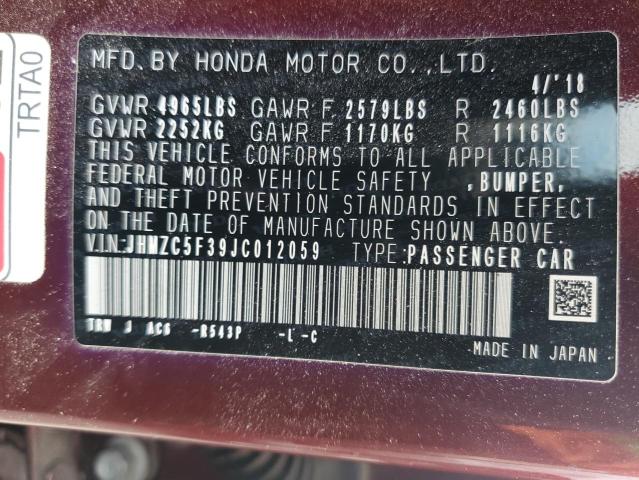 JHMZC5F39JC012059 - 2018 HONDA CLARITY TOURING BURGUNDY photo 12