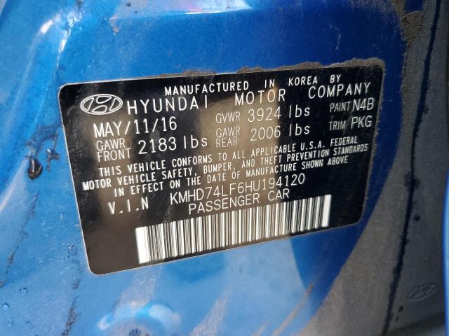 KMHD74LF6HU194120 - 2017 HYUNDAI ELANTRA SE BLUE photo 13