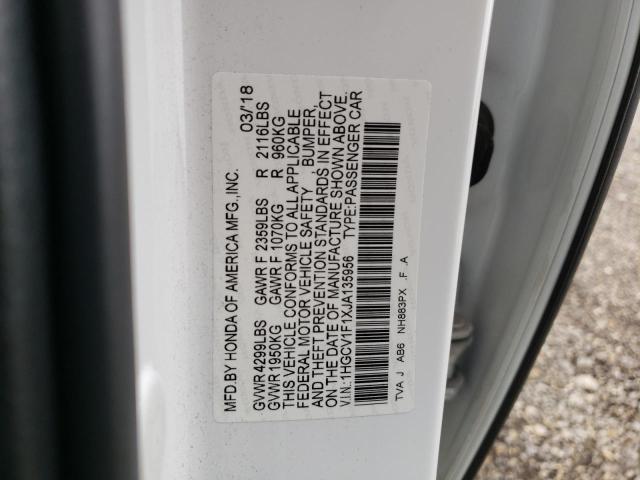 1HGCV1F1XJA135956 - 2018 HONDA ACCORD LX 白色 照片 12