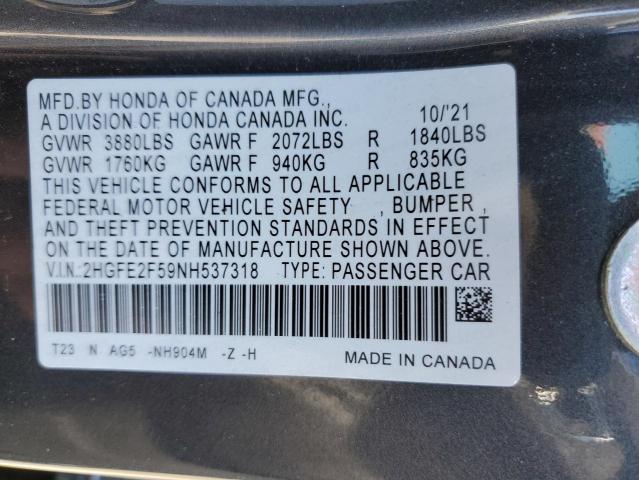 2HGFE2F59NH537318 - 2022 HONDA CIVIC SPORT 灰色 照片 12