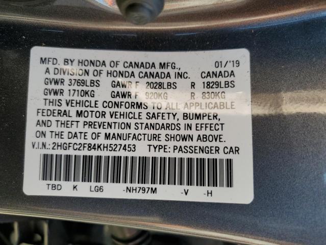 2HGFC2F84KH527453 - 2019 HONDA CIVIC SPORT GRAY photo 13