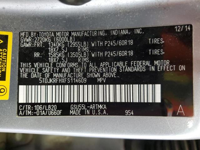 5TDJKRFHXFS114609 - 2015 TOYOTA HIGHLANDER XLE 银色 照片 14