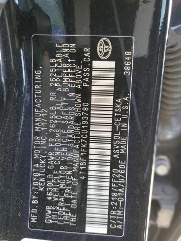 4T1BF1FK7CU193780 - 2012 TOYOTA CAMRY BASE BLACK photo 12