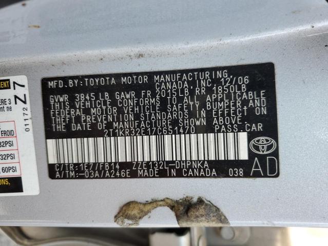 2T1KR32E17C651470 - 2007 TOYOTA COROLLA MA XR GRAY photo 12