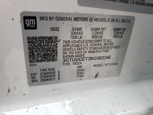 3GTUUCET3NG563346 - 2022 GMC SIERRA K1500 ELEVATION WHITE photo 12
