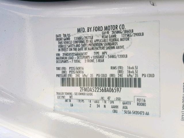 2FMDA52256BA06597 - 2006 FORD FREESTAR SEL  photo 10