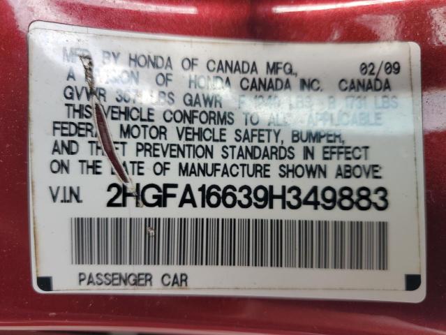 2HGFA16639H349883 - 2009 HONDA CIVIC LX-S Bordo foto 12