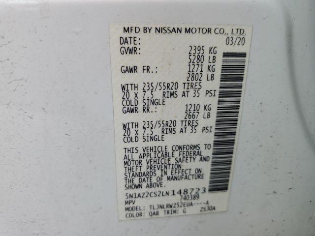 5N1AZ2CS2LN148723 - 2020 NISSAN MURANO SL WHITE photo 14