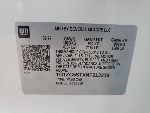 1G1ZG5STXNF213218 - 2022 CHEVROLET MALIBU RS WHITE photo 12