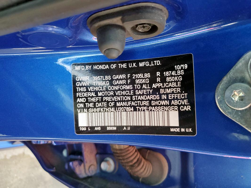 SHHFK7H34LU207894 - 2020 HONDA CIVIC LX Կապույտ լուսանկար 13