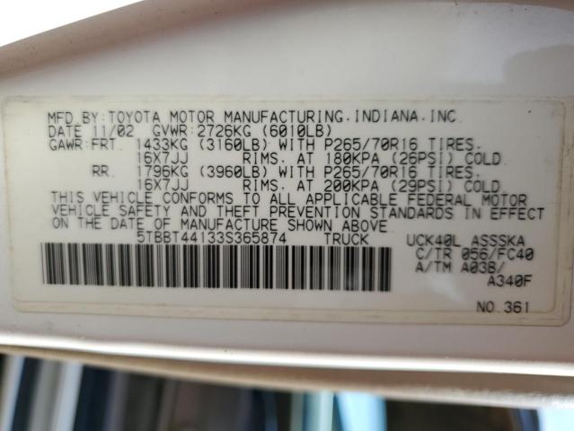 5TBBT44133S365874 - 2003 TOYOTA TUNDRA ACCESS CAB SR5 WHITE photo 12