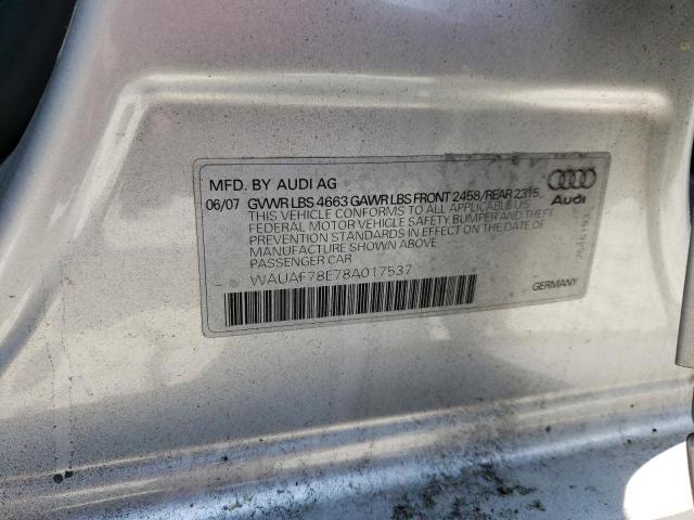 WAUAF78E78A017537 - 2008 AUDI A4 2.0T SILVER photo 12