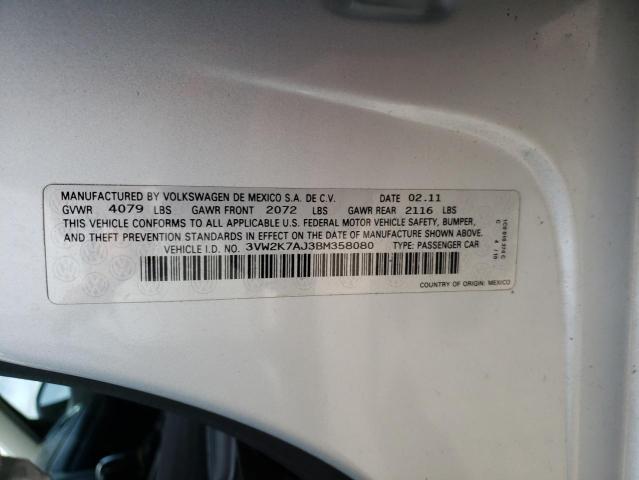 3VW2K7AJ3BM358080 - 2011 VOLKSWAGEN JETTA BASE Արծաթագույն լուսանկար 10