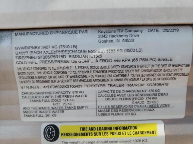 4YDT2602XK3105431 - 2019 KEYSTONE SPRINTER TWO TONE photo 10