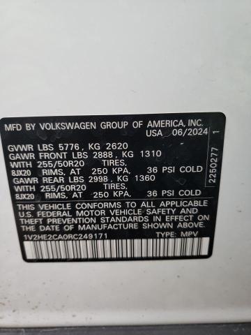 1V2HE2CA0RC249171 - 2024 VOLKSWAGEN ATLAS CROS SE WHITE photo 13