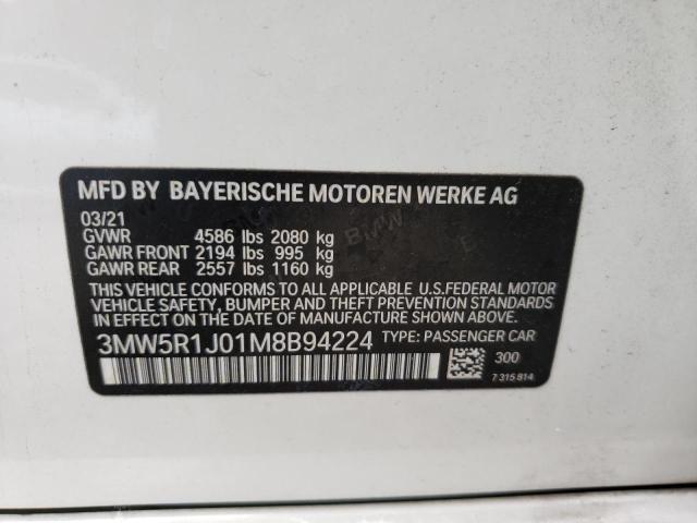 3MW5R1J01M8B94224 - 2021 BMW 330I WHITE photo 12