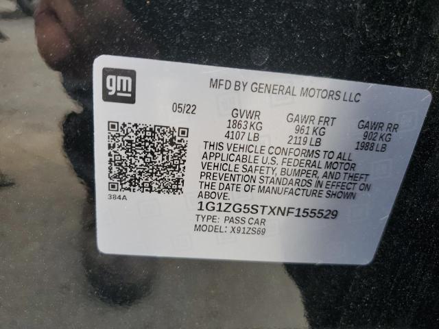 1G1ZG5STXNF155529 - 2022 CHEVROLET MALIBU RS BLACK photo 12