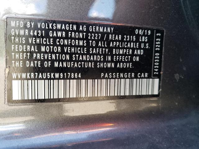 WVWKR7AU5KW917864 - 2019 VOLKSWAGEN E-GOLF SE GRAY photo 13