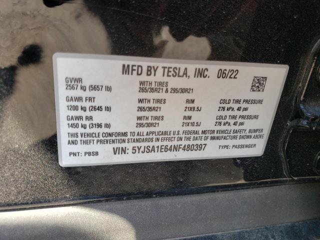 5YJSA1E64NF480397 - 2022 TESLA MODEL S Սև լուսանկար 12