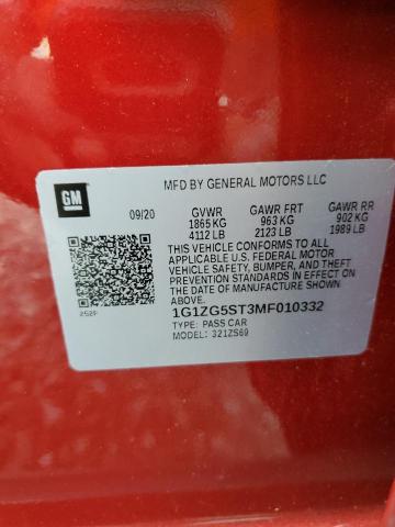 1G1ZG5ST3MF010332 - 2021 CHEVROLET MALIBU RS ბურგუნდია ფოტო 12