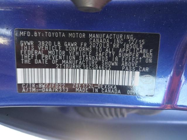 2T1BURHE1GC584622 - 2016 TOYOTA COROLLA L BLUE photo 12