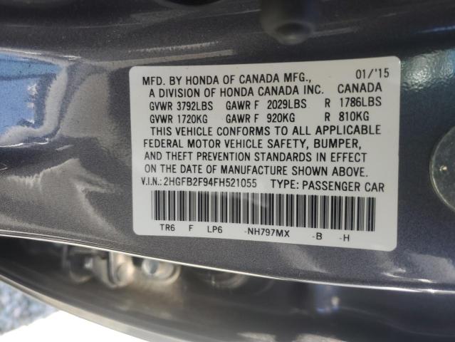 2HGFB2F94FH521055 - 2015 HONDA CIVIC EXL ნაცრისფერი ფოტო 12