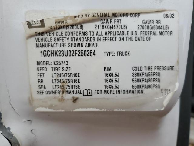 1GCHK23U02F250264 - 2002 CHEVROLET 2500 K2500 HEAVY DUTY WHITE photo 12