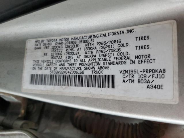 5TEGN92N64Z306168 - 2004 TOYOTA TACOMA DOUBLE CAB PRERUNNER SILVER photo 12