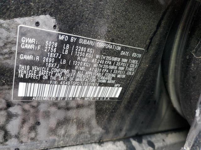 4S4BTGPD7L3211616 - 2020 SUBARU OUTBACK TOURING LDL შავი ფოტო 12