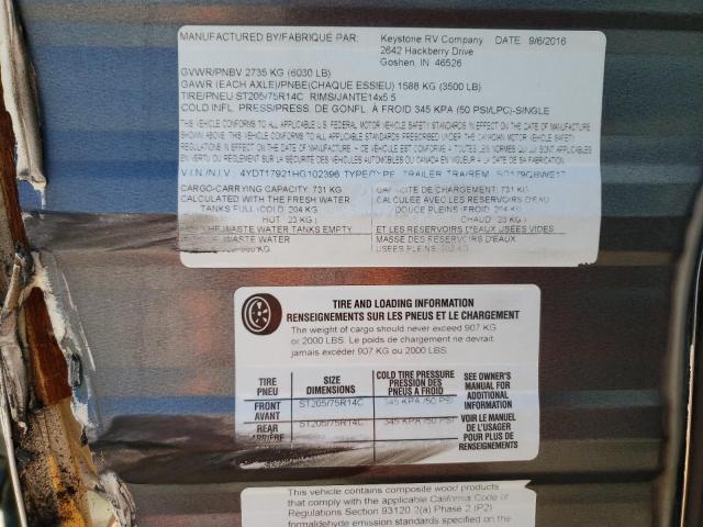 4YDT17921HG102396 - 2017 KEYSTONE SPRINTER WHITE photo 10