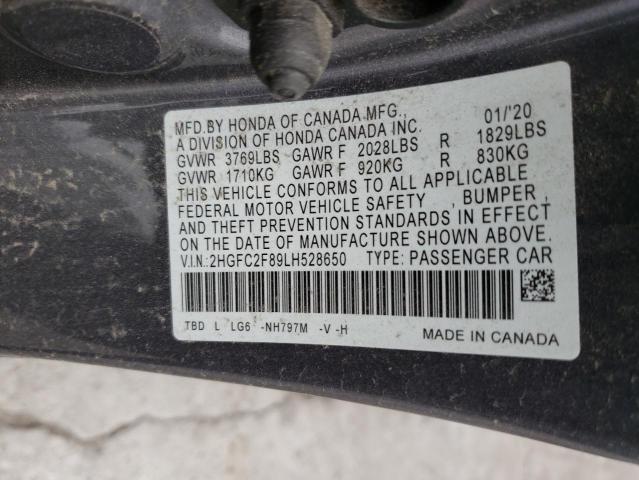 2HGFC2F89LH528650 - 2020 HONDA CIVIC SPORT 灰色 照片 12