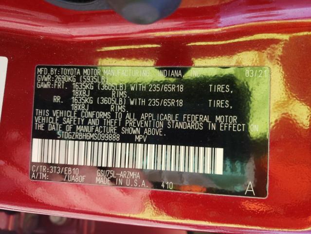 5TDGZRBH6MS099888 - 2021 TOYOTA HIGHLANDER XLE RED photo 13