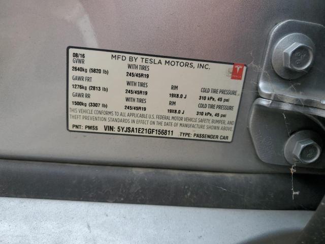 5YJSA1E21GF156811 - 2016 TESLA MODEL S 银色 照片 12