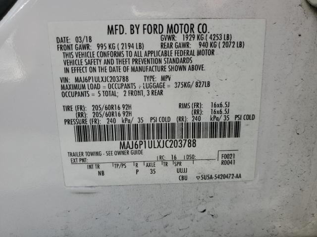 MAJ6P1ULXJC203788 - 2018 FORD ECOSPORT SE WHITE photo 13