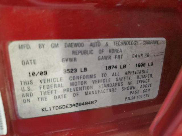 KL1TD5DE3AB049467 - 2010 CHEVROLET AVEO LS Qırmızı foto 12