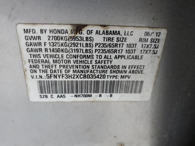 5FNYF3H2XCB035420 - 2012 HONDA PILOT LX SILVER photo 12