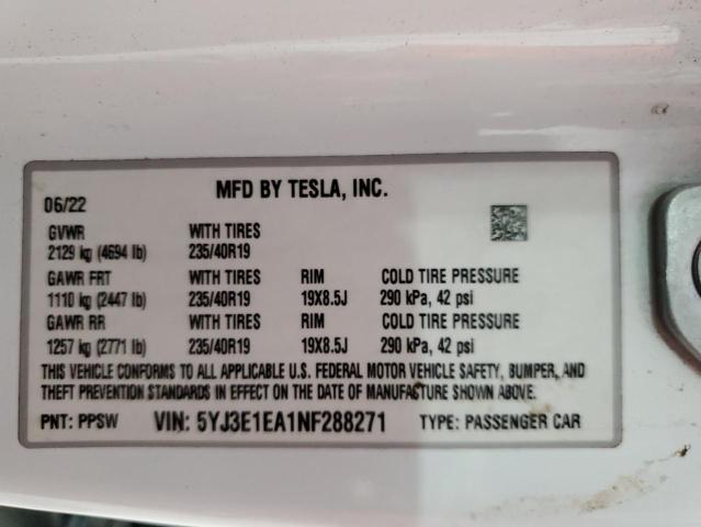 5YJ3E1EA1NF288271 - 2022 TESLA MODEL 3 Ağ foto 13