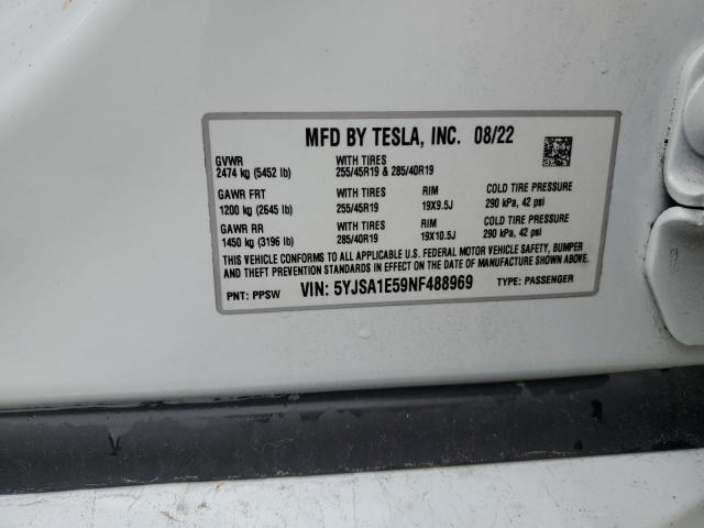 5YJSA1E59NF488969 - 2022 TESLA MODEL S WHITE photo 13
