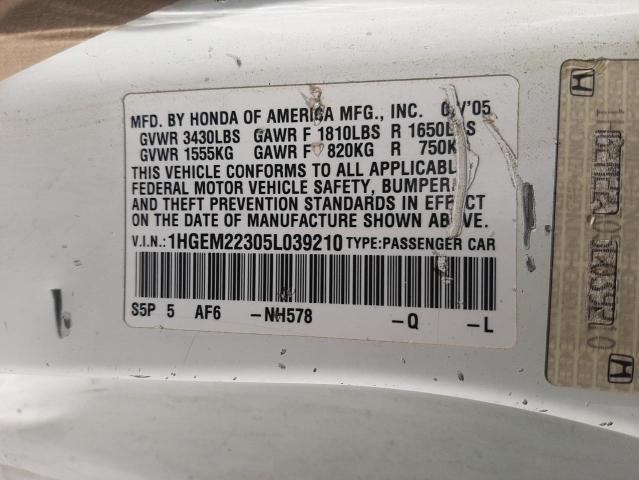 1HGEM22305L039210 - 2005 HONDA CIVIC DX VP Սպիտակ լուսանկար 12