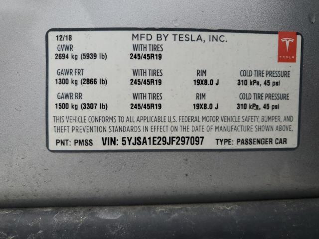 5YJSA1E29JF297097 - 2018 TESLA MODEL S ვერცხლისფერი ფოტო 12
